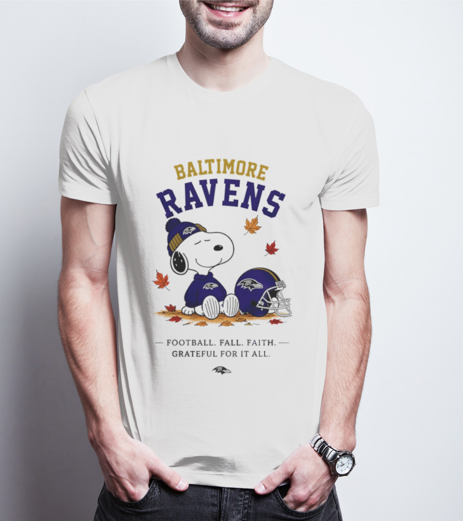 Baltimore Ravens Snoopy Football Fall Faith Grateful For It All T-Shirt