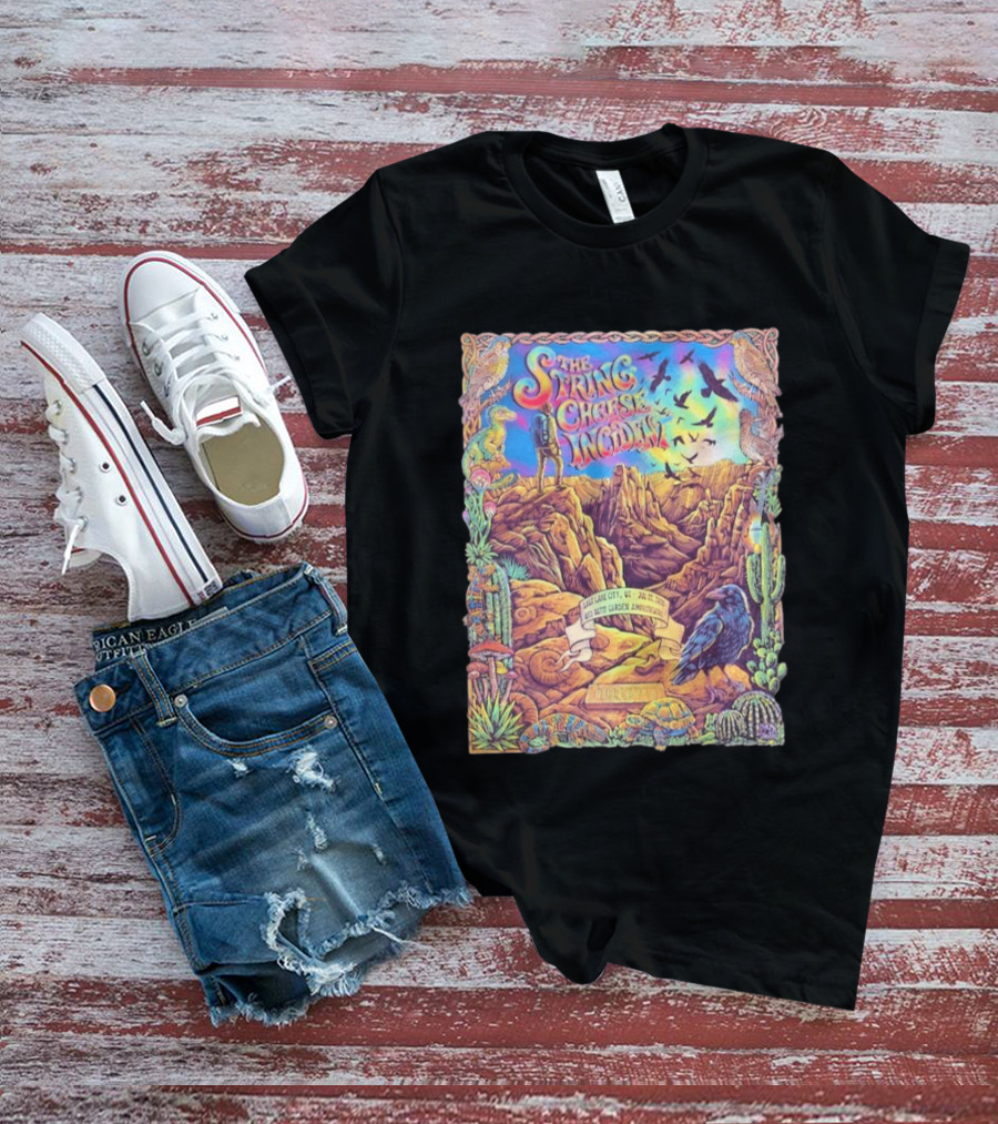 The String Cheese Incident Salt Lake City Utah Red Butte Garden Amphitheatre July 22 2026 Psychedelic Desert Scene With Wildlife And Cactus T-Shirt