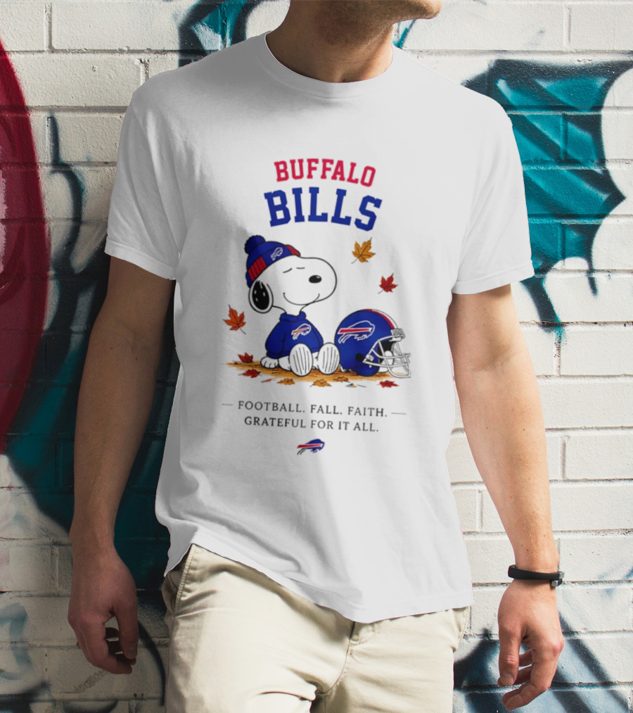 Buffalo Bills Snoopy Football Fall Faith Grateful For It All Leaves T-Shirt