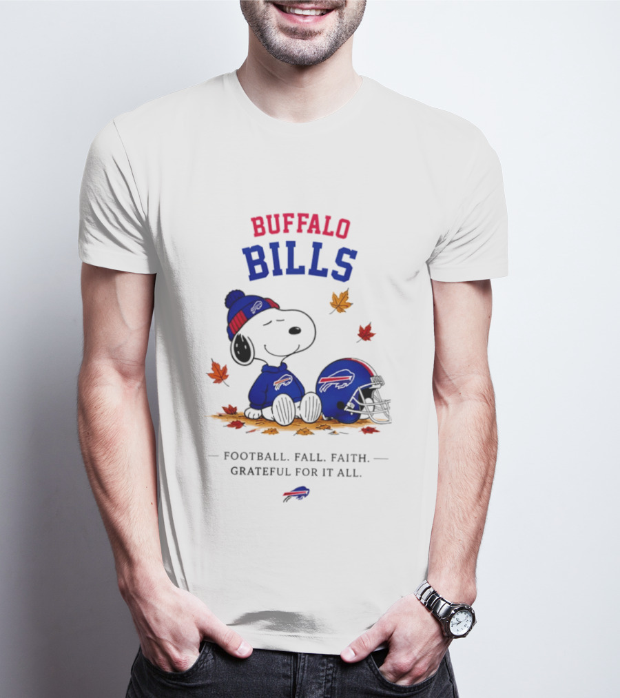 Buffalo Bills Snoopy Football Fall Faith Grateful For It All Leaves T-Shirt