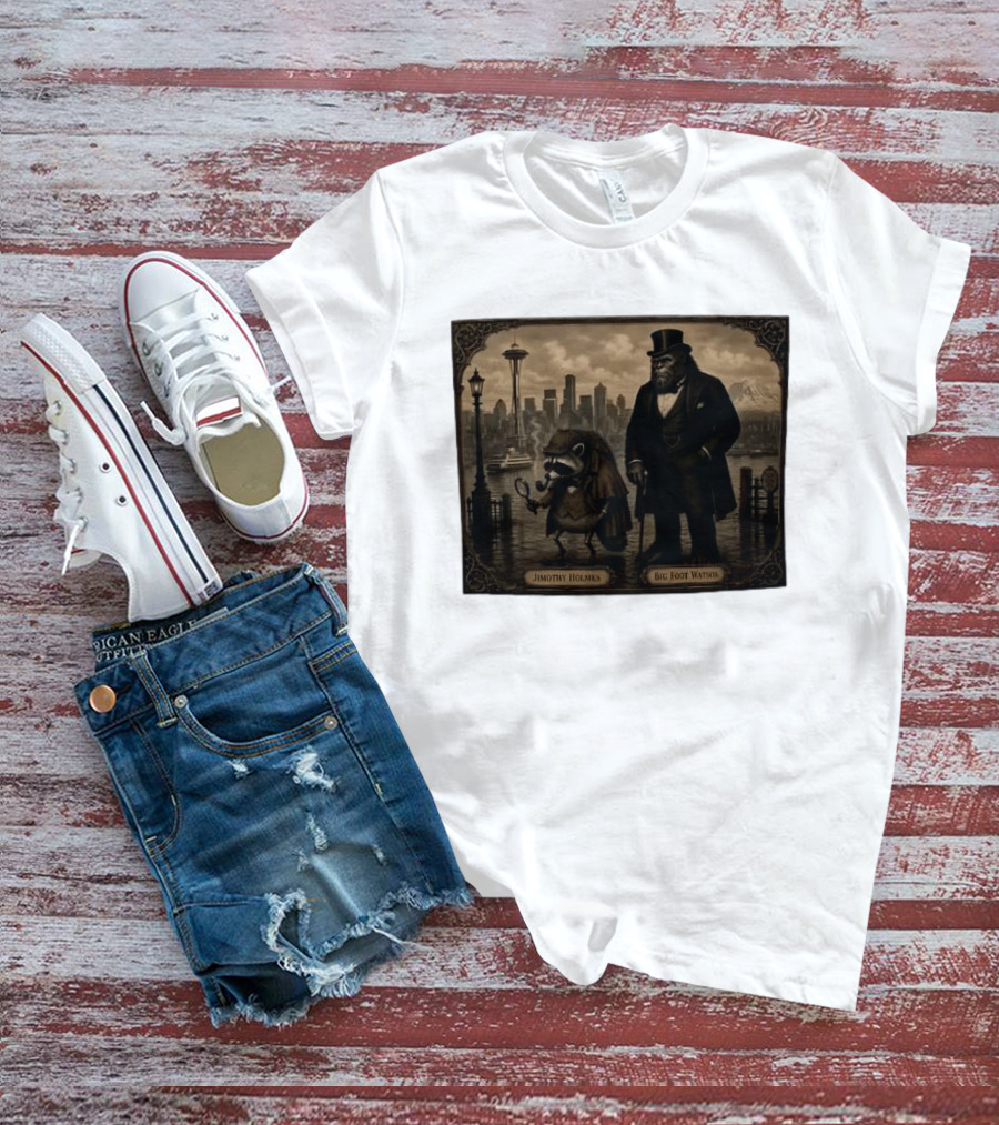 Jimothy Holmes Bigfoot Watson In Vintage Detective Scene Seattle Skyline T-Shirt