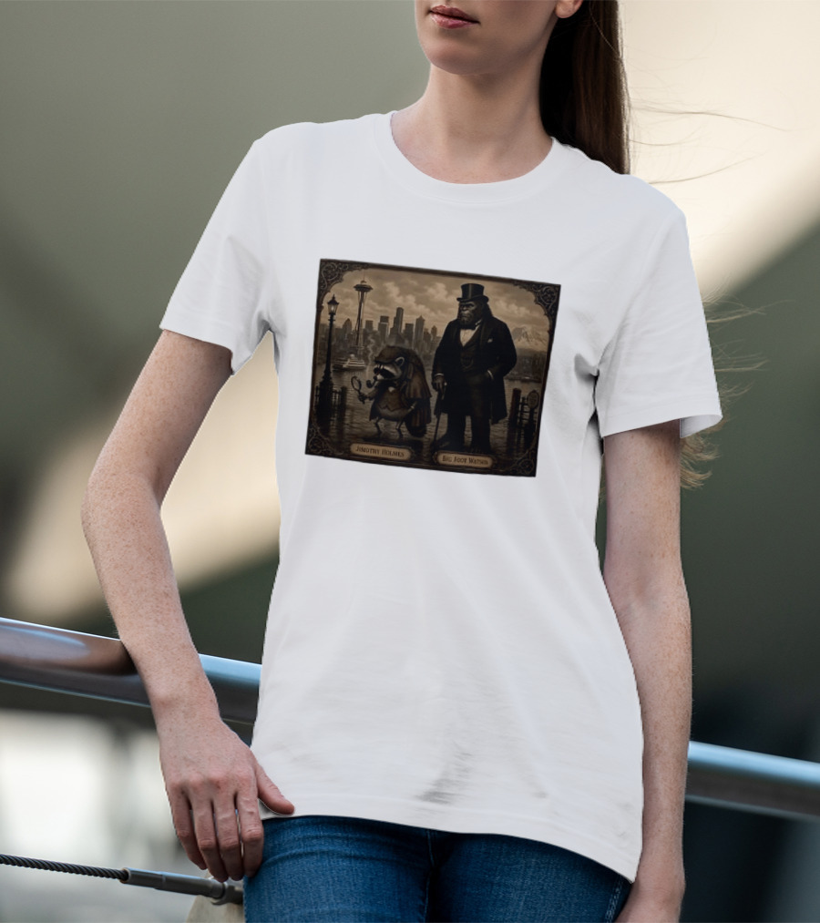 Jimothy Holmes Bigfoot Watson In Vintage Detective Scene Seattle Skyline T-Shirt