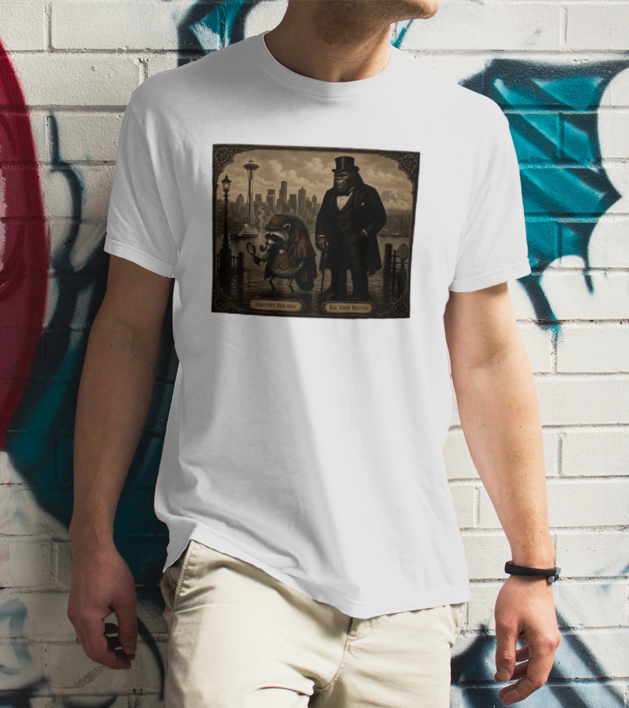 Jimothy Holmes Bigfoot Watson In Vintage Detective Scene Seattle Skyline T-Shirt