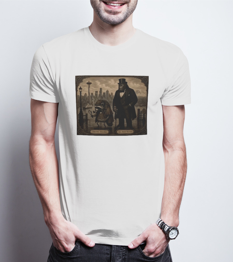 Jimothy Holmes Bigfoot Watson In Vintage Detective Scene Seattle Skyline T-Shirt