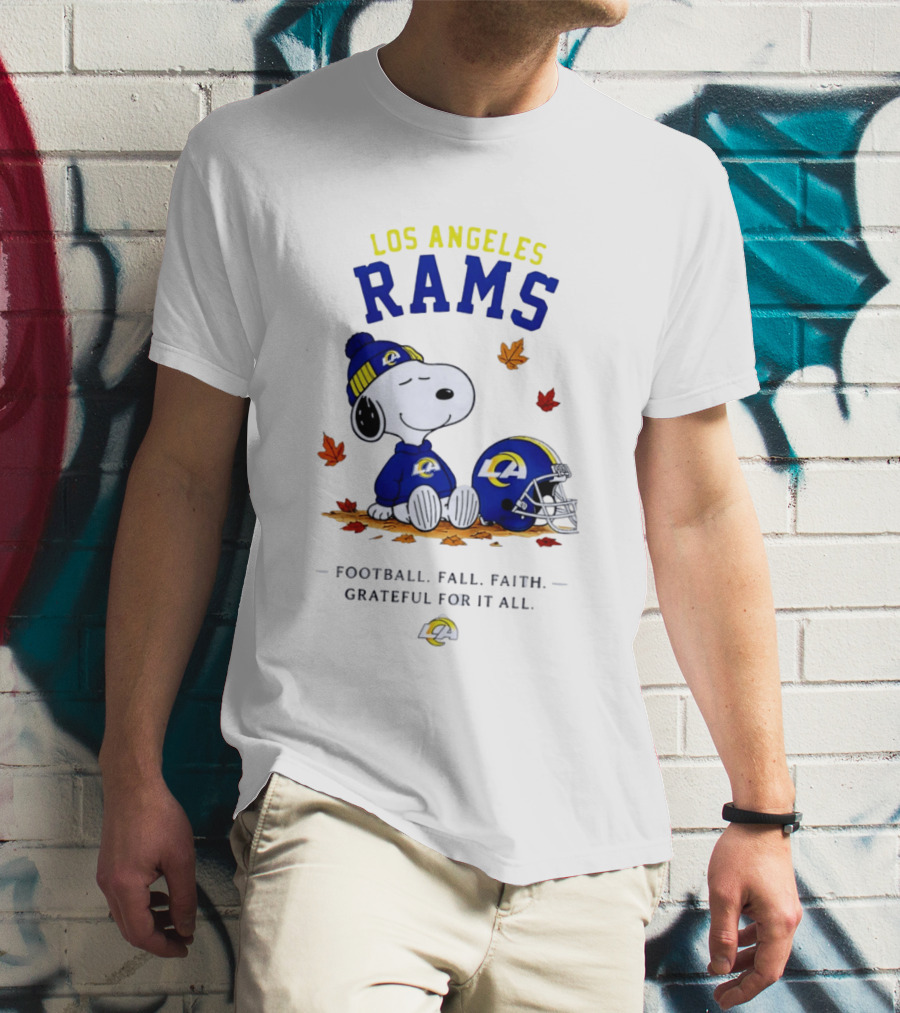 Los Angeles Rams Snoopy Football Fall Faith Grateful For It All NFL Peanuts Fan Gear T-Shirt