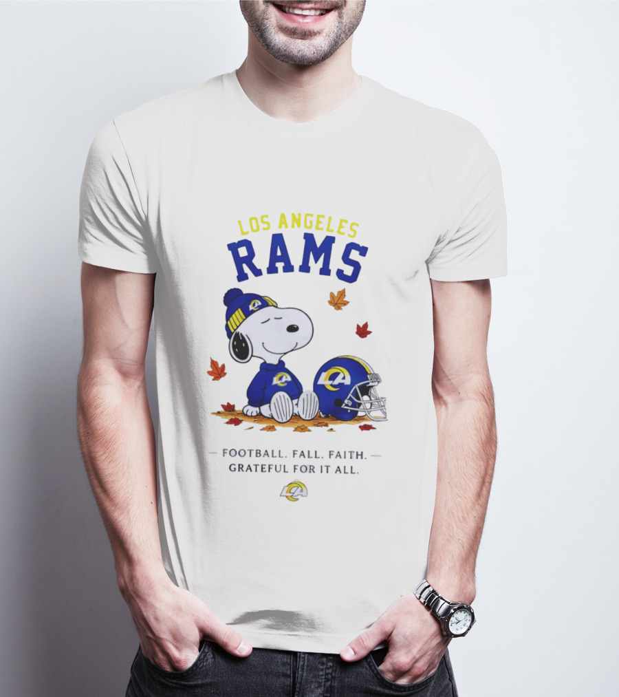 Los Angeles Rams Snoopy Football Fall Faith Grateful For It All NFL Peanuts Fan Gear T-Shirt