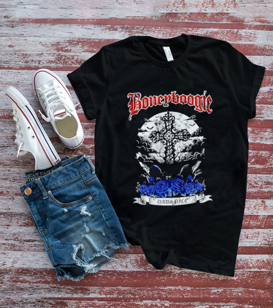 Boneyboogie Gothic Cross With Blue Roses And Full Moon T-Shirt