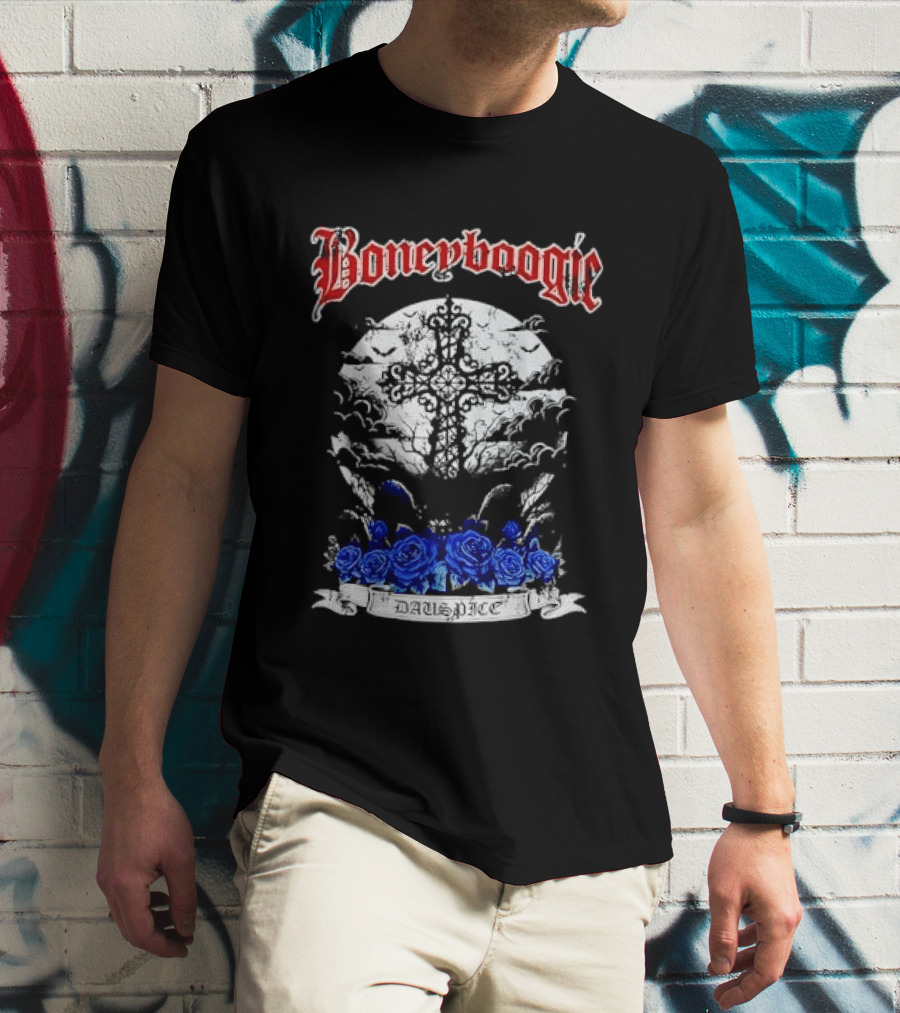 Boneyboogie Gothic Cross With Blue Roses And Full Moon T-Shirt