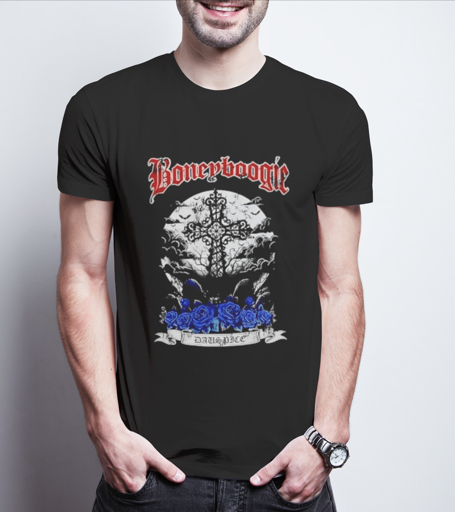 Boneyboogie Gothic Cross With Blue Roses And Full Moon T-Shirt