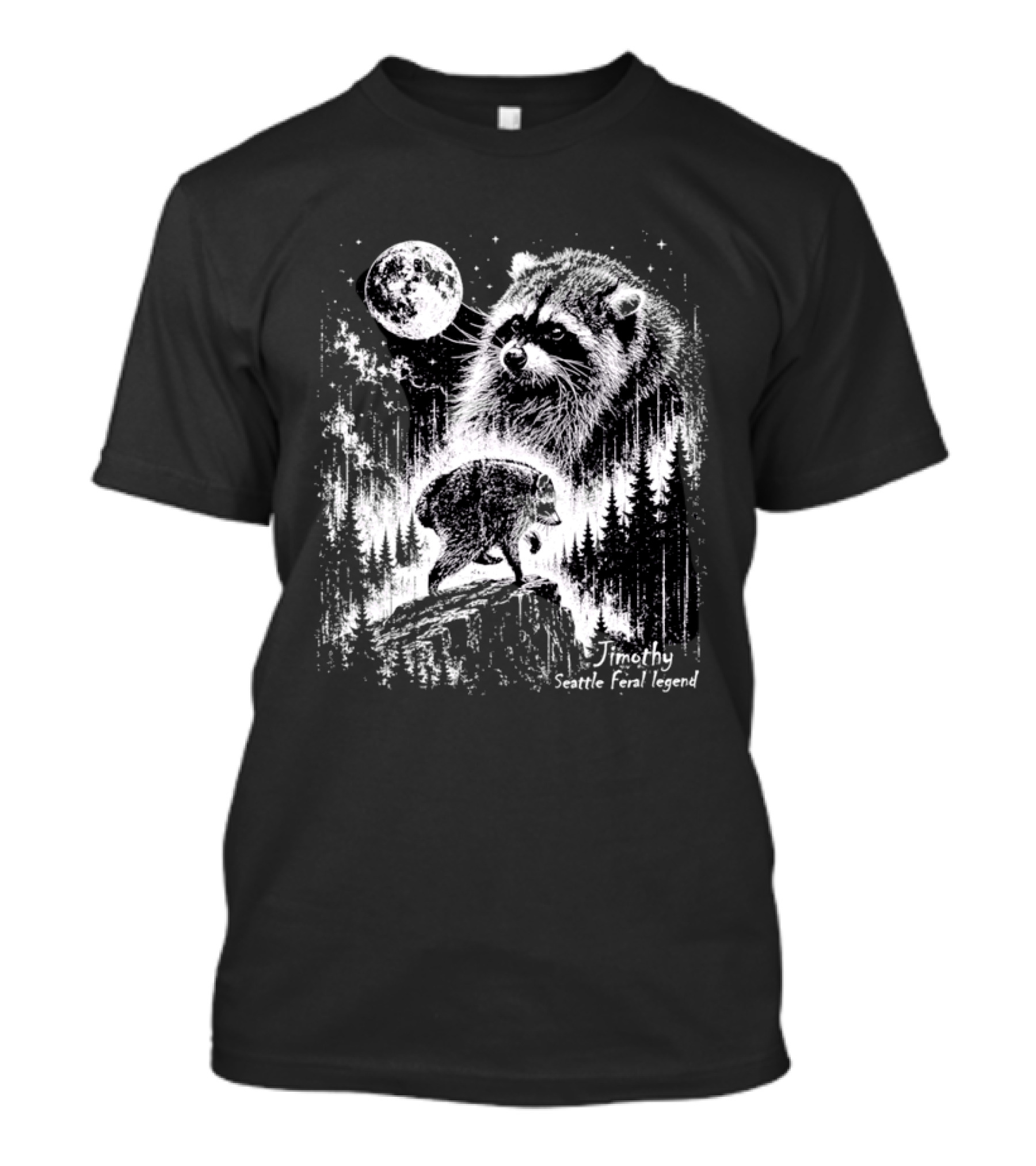 Jimothy Raccoon Scenic Trail Legend Moonlit Wilderness Forest Scene T-Shirt
