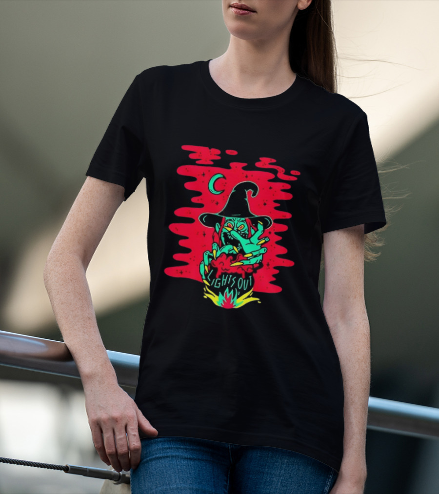 Lights Out Podcast Witch Halloween 2026 Crescent Moon T-Shirt