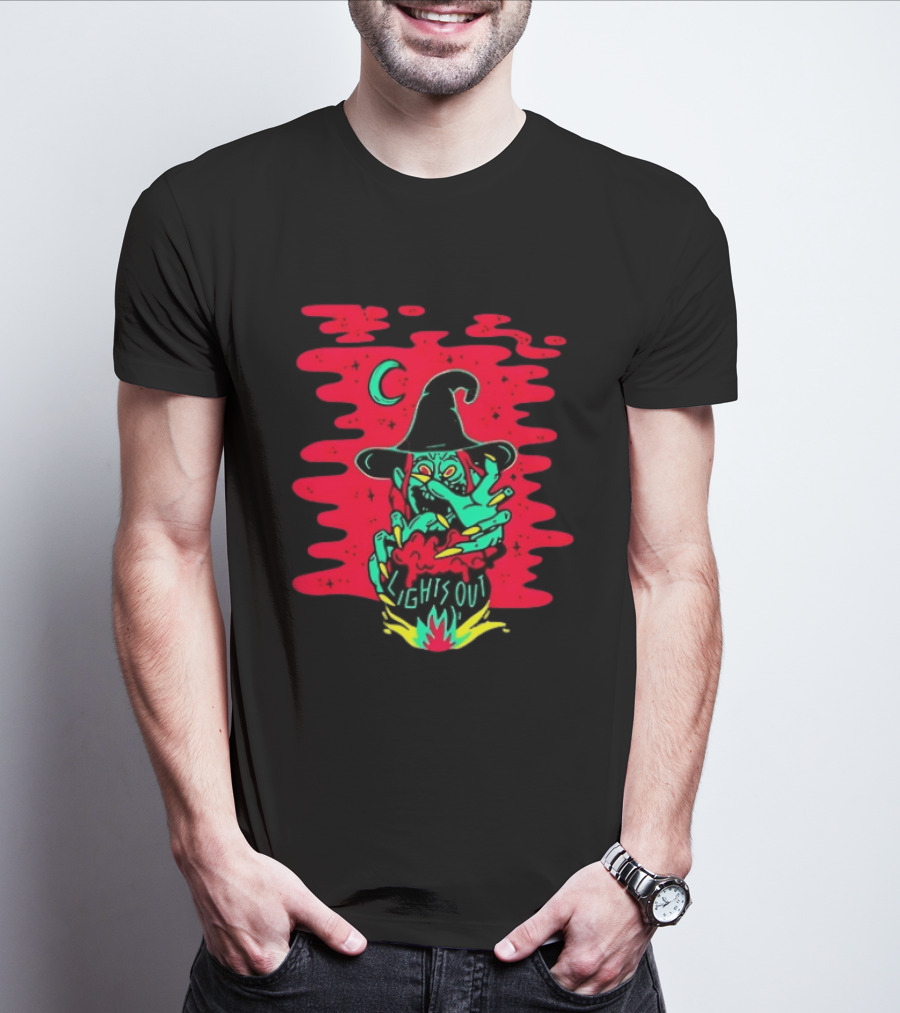 Lights Out Podcast Witch Halloween 2026 Crescent Moon T-Shirt