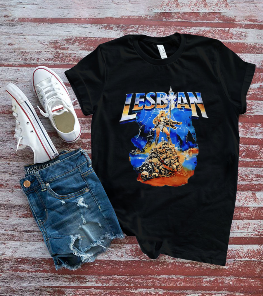 LESBIAN Warrior Epic Pose Amidst Pile Of Skulls And Lightning T-Shirt