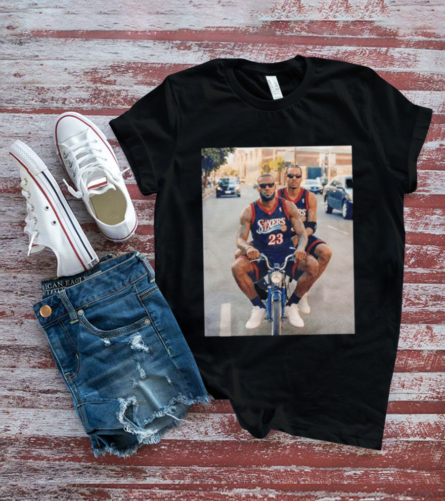 Philadelphia 76ers LeBron James Allen Iverson Duo On Bicycle T-Shirt