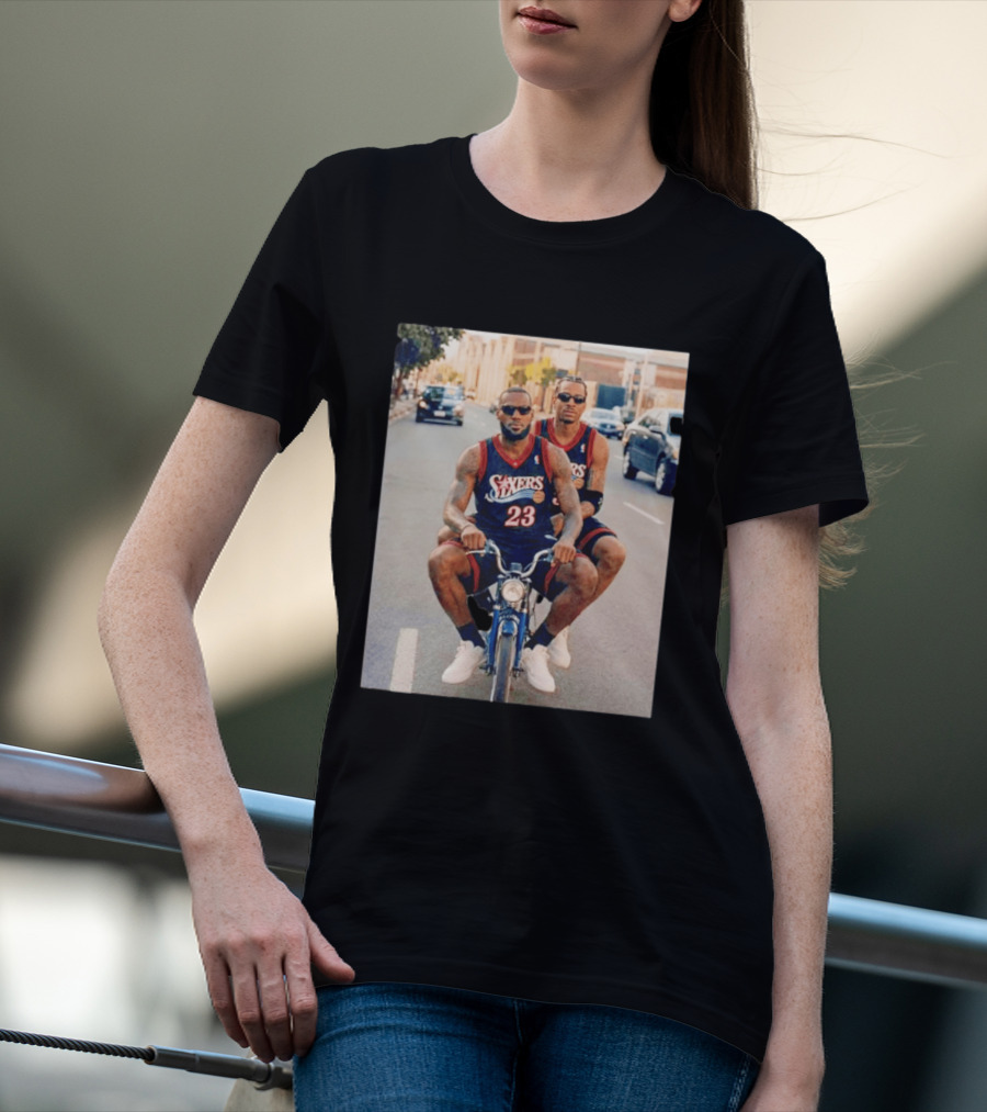 Philadelphia 76ers LeBron James Allen Iverson Duo On Bicycle T-Shirt