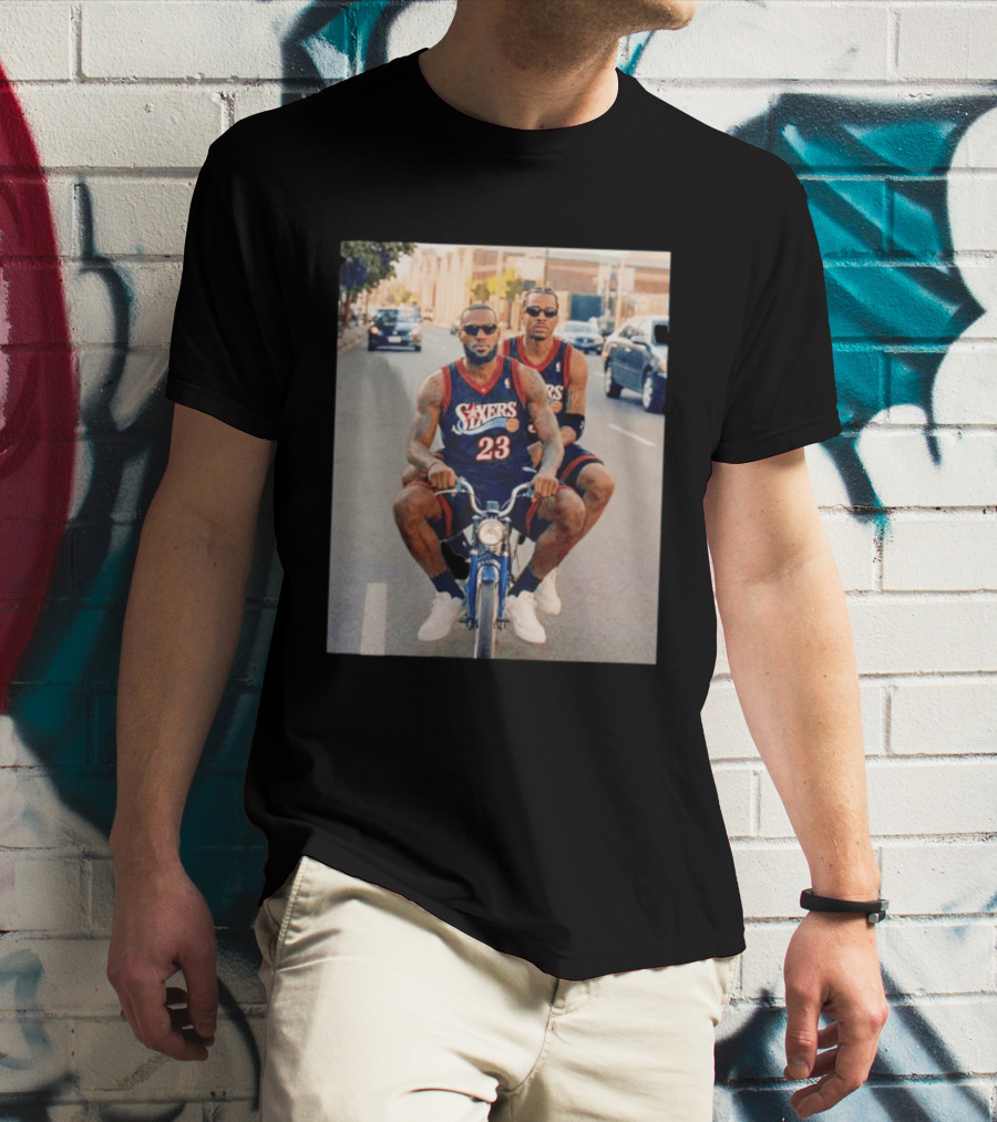 Philadelphia 76ers LeBron James Allen Iverson Duo On Bicycle T-Shirt