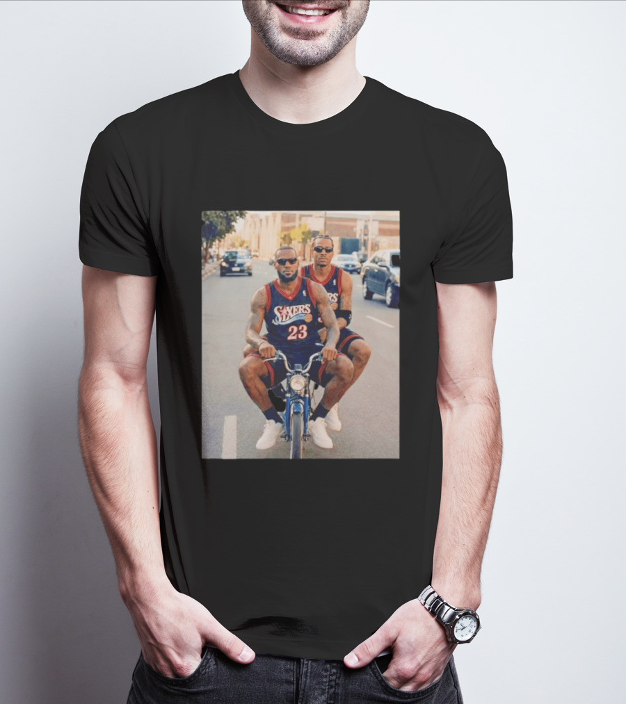 Philadelphia 76ers LeBron James Allen Iverson Duo On Bicycle T-Shirt