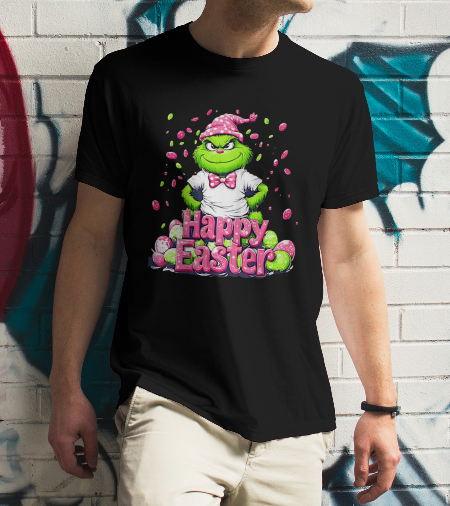 Happy Easter Grinch In Festive Hat With Colorful Eggs T-Shirt