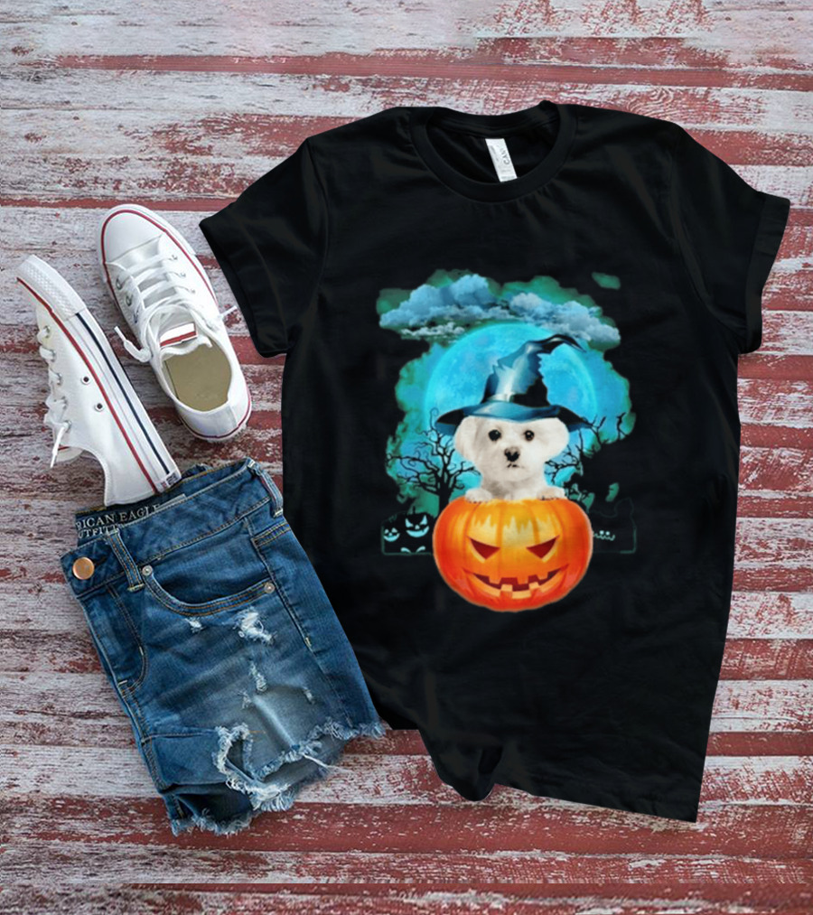 Happy Halloween White Maltese Witch Hat Pumpkin Blue Moon T-Shirt