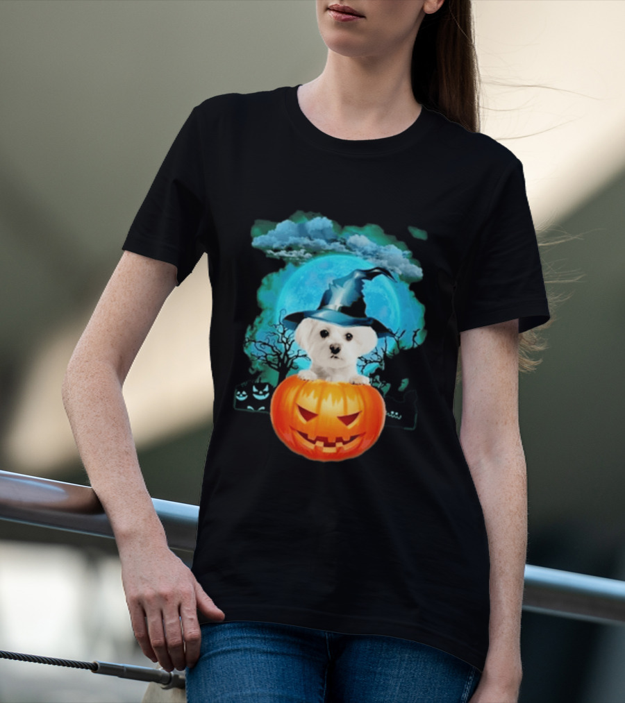 Happy Halloween White Maltese Witch Hat Pumpkin Blue Moon T-Shirt