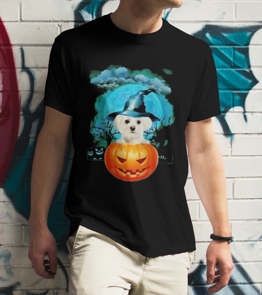Happy Halloween White Maltese Witch Hat Pumpkin Blue Moon T-Shirt