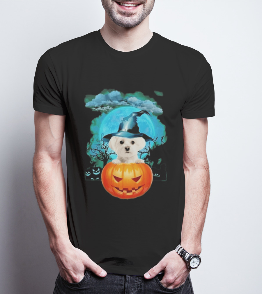 Happy Halloween White Maltese Witch Hat Pumpkin Blue Moon T-Shirt