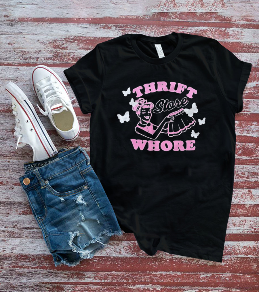 Thrift Store Whore Retro Feminine Fun Pink Butterfly T-Shirt