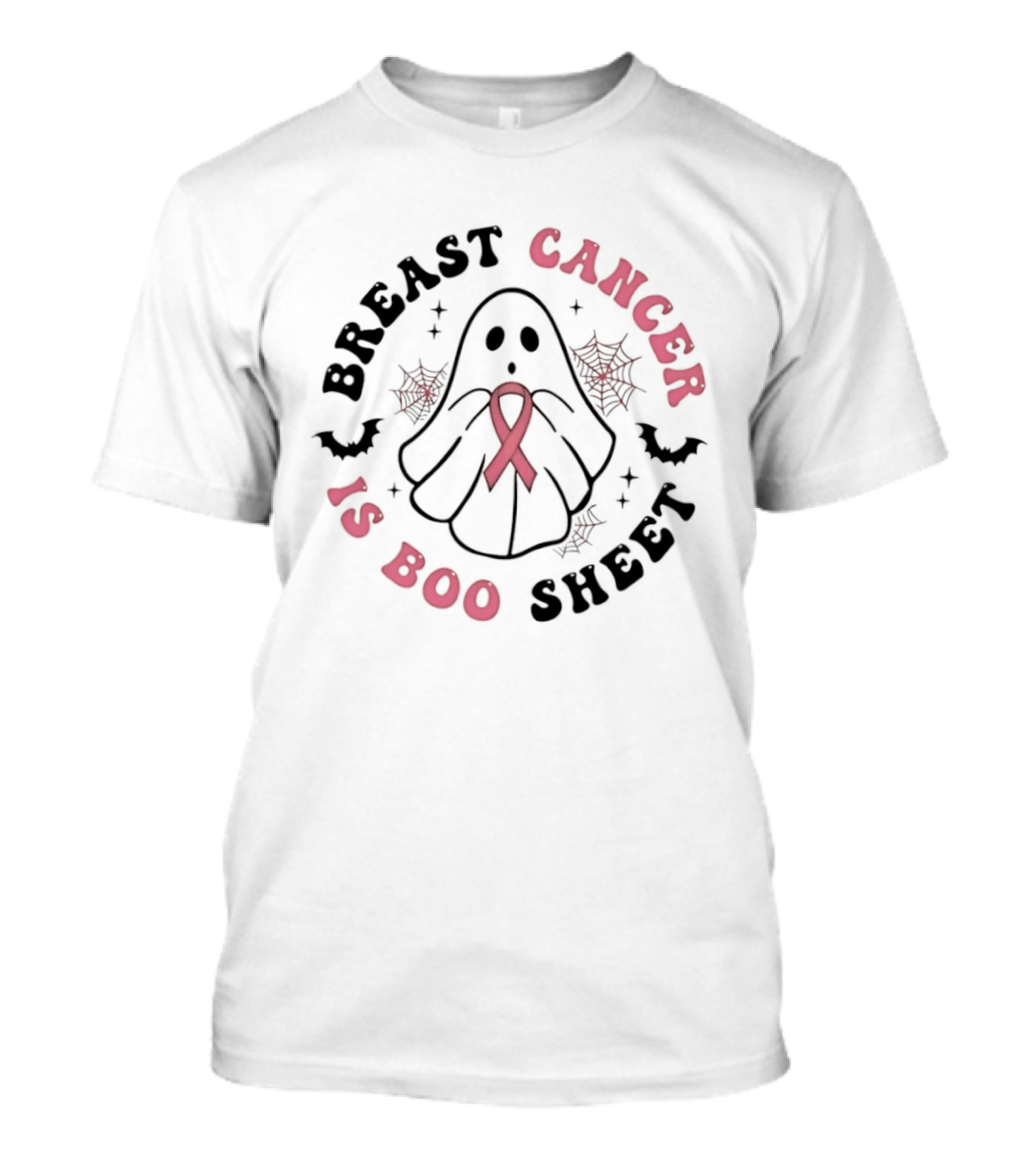 Breast Cancer Awareness Ghost Boo Sheet Ribbon Spooky Webs Bats T-Shirt