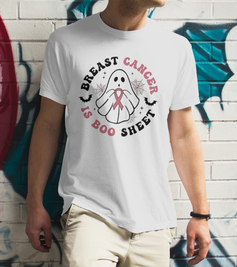 Breast Cancer Awareness Ghost Boo Sheet Ribbon Spooky Webs Bats T-Shirt