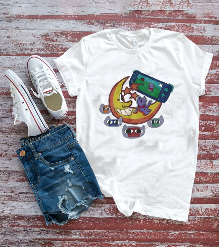 Cartoon Moon And Cat Playing Game With Stars And Colorful Masks T-Shirt