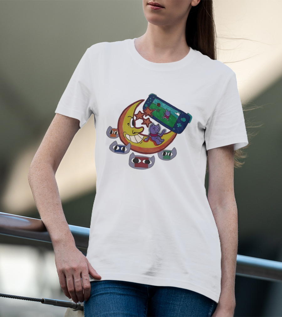 Cartoon Moon And Cat Playing Game With Stars And Colorful Masks T-Shirt