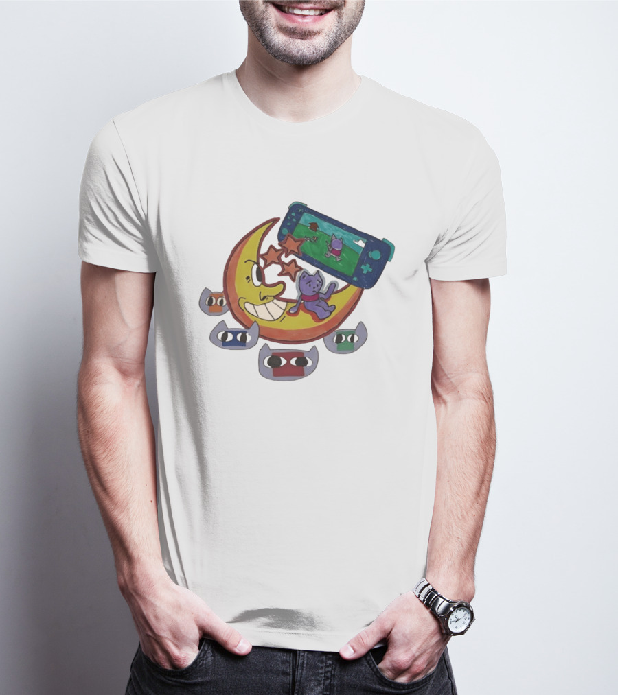 Cartoon Moon And Cat Playing Game With Stars And Colorful Masks T-Shirt