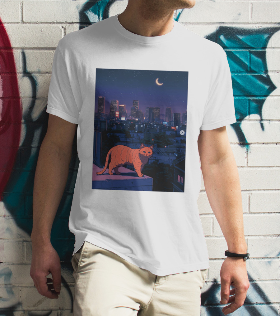 Orange Tabby Cat Under Night Sky Overlooking City Skyline With Crescent Moon T-Shirt