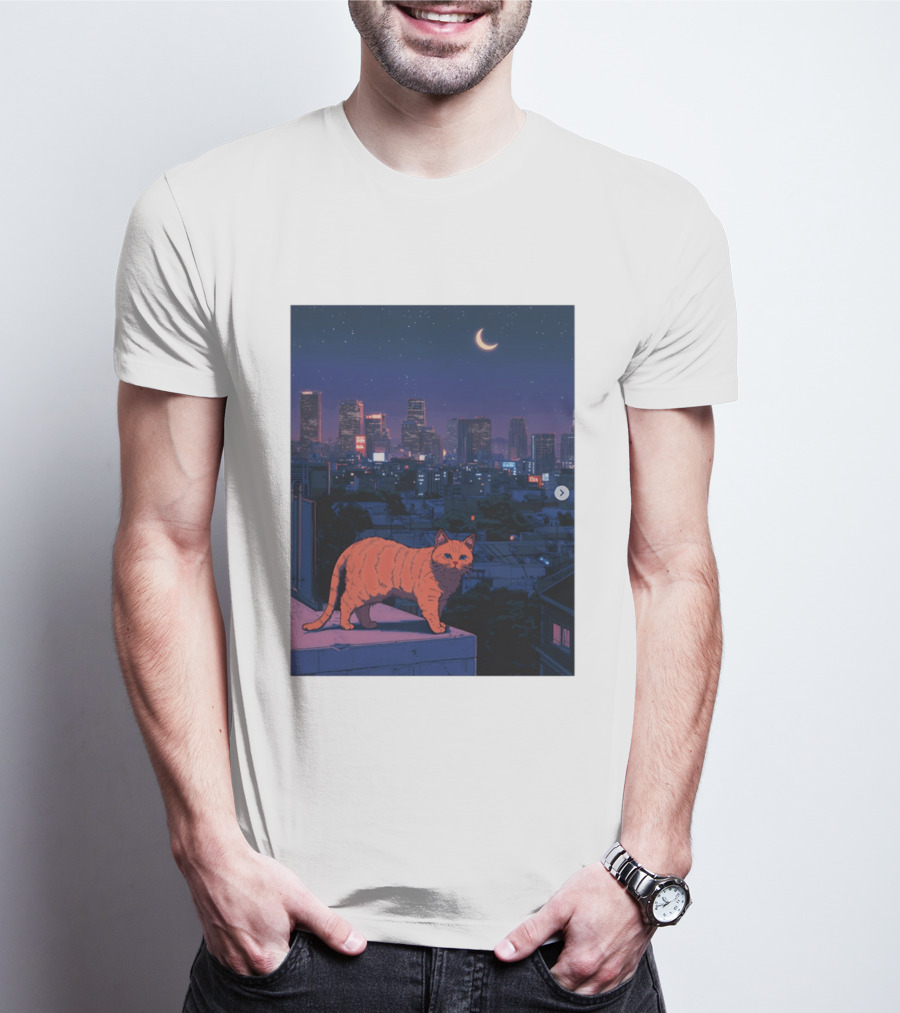 Orange Tabby Cat Under Night Sky Overlooking City Skyline With Crescent Moon T-Shirt