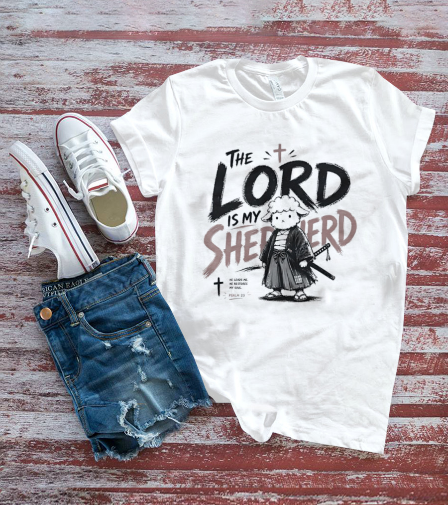 The Lord Is My Shepherd Samurai Sheep Christian Cross T-Shirt