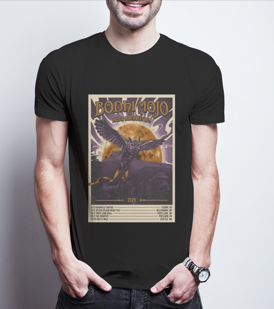 Bodhi Mojo Pacific Northwest Run 2026 Tour Owl Illustration Dates And Locations T-Shirt