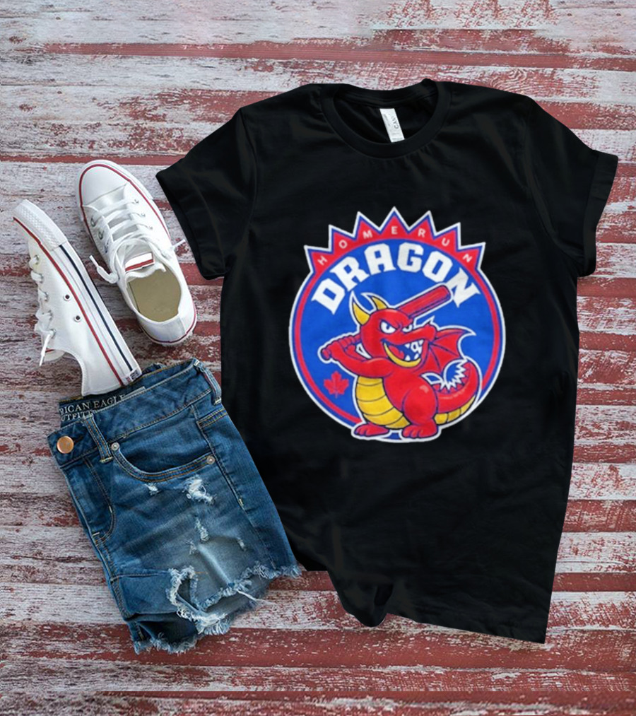 Home Run Dragon Baseball Batting Red Maple Leaf T-Shirt