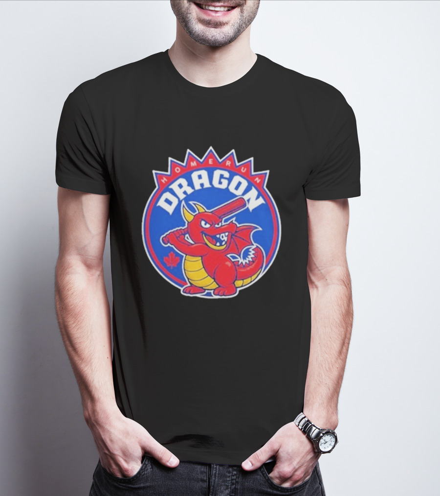 Home Run Dragon Baseball Batting Red Maple Leaf T-Shirt