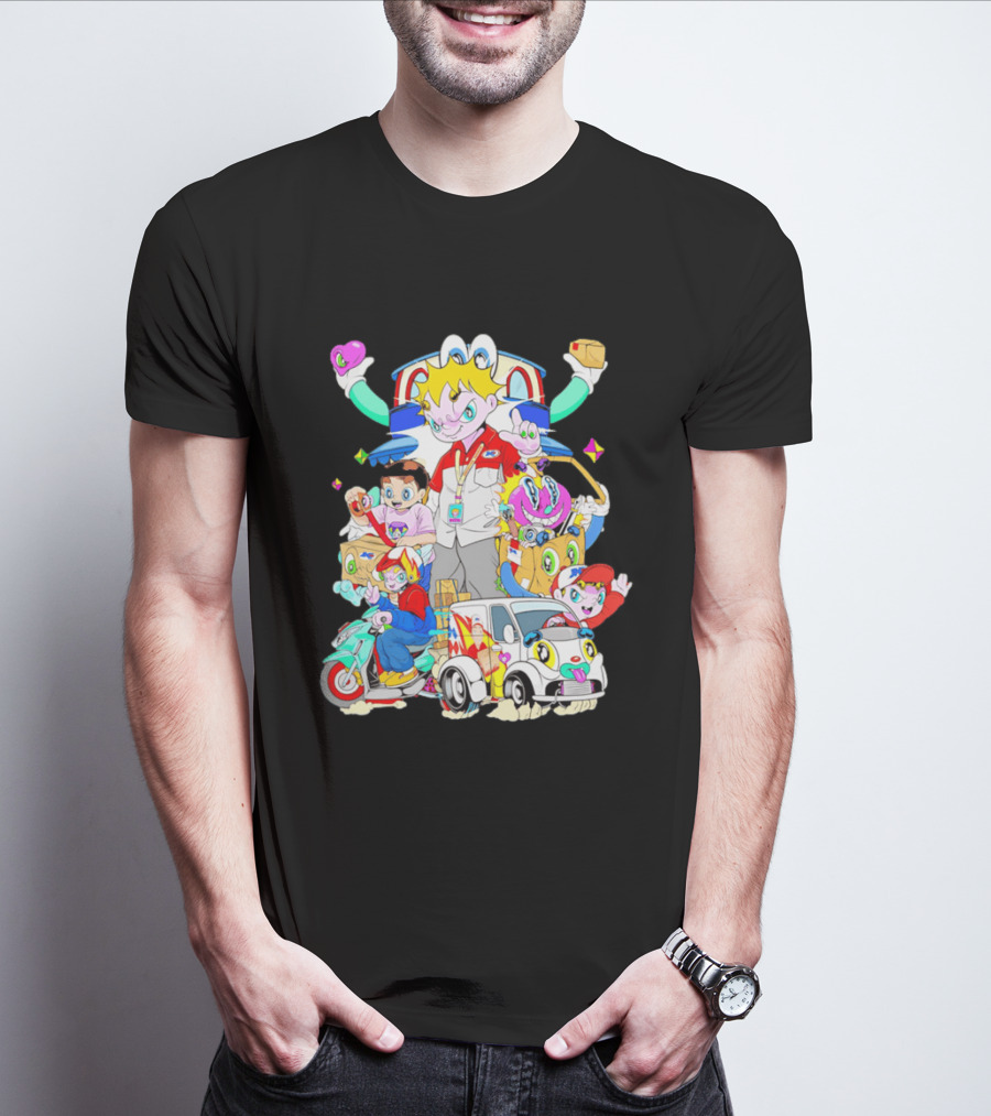 JNE Express Delivery Cartoon Characters And Van Fun Anime T-Shirt