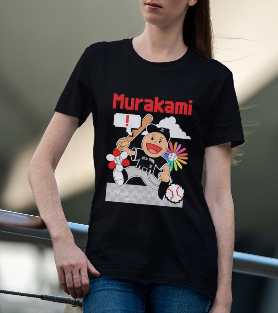 Murakami Chicago Baseball IPlayers Animated Character Flower Motif T-Shirt
