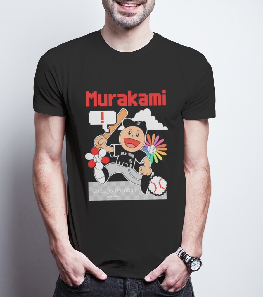 Murakami Chicago Baseball IPlayers Animated Character Flower Motif T-Shirt