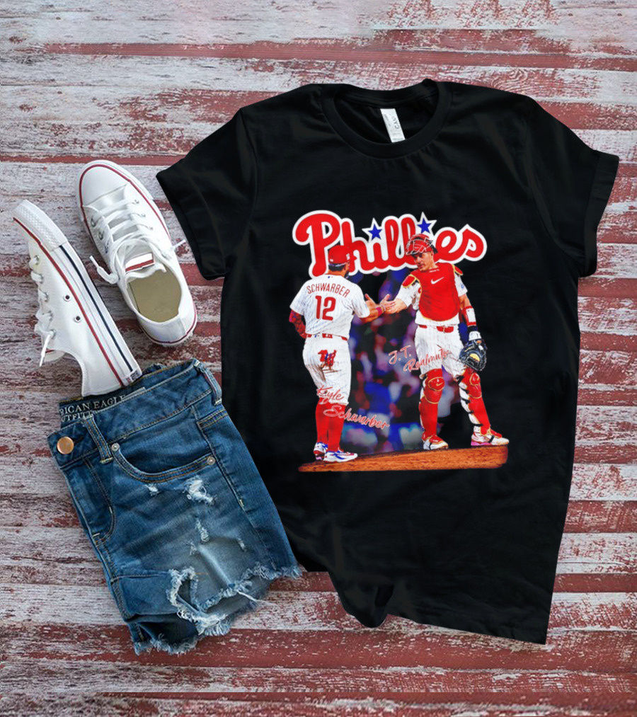 Philadelphia Phillies Kyle Schwarber J Realmuto 12 Catcher Handshake T-Shirt