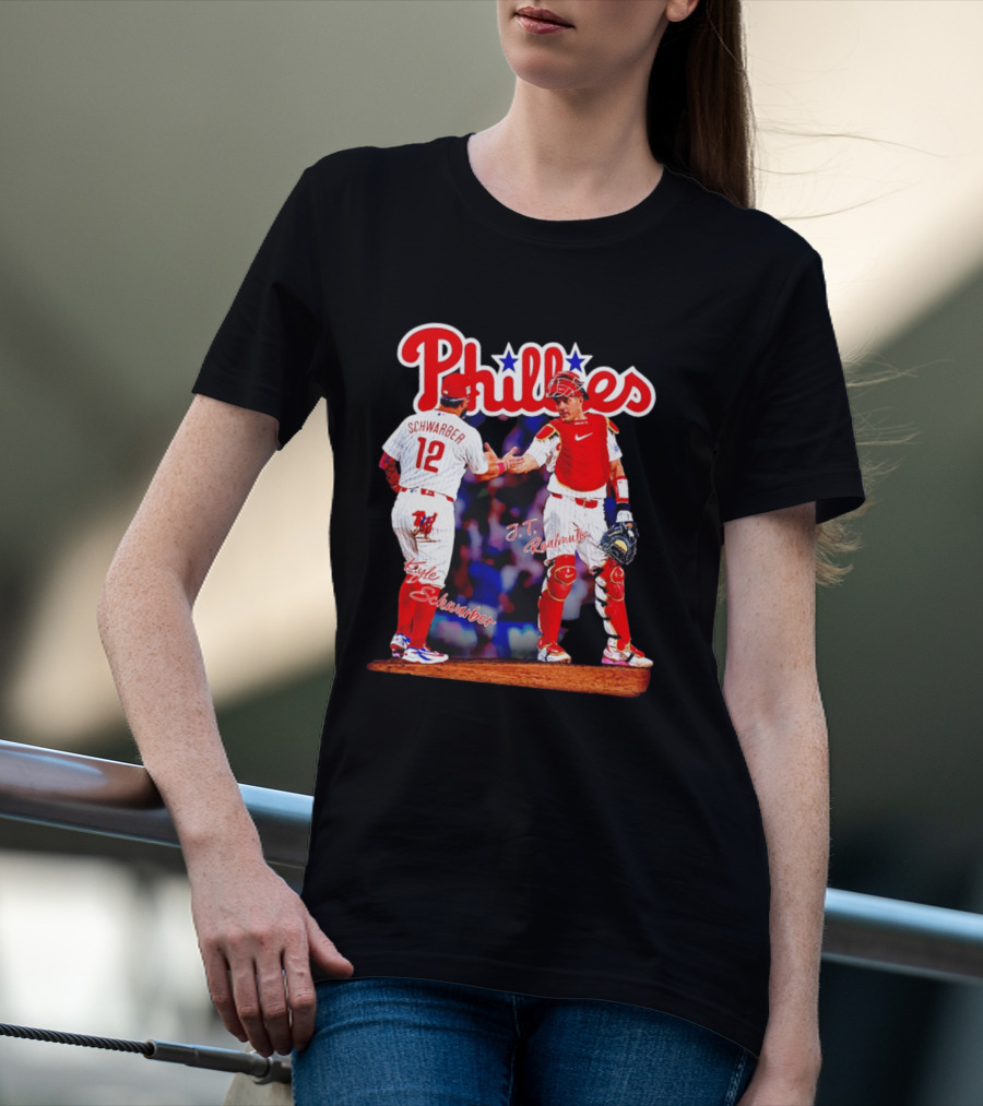 Philadelphia Phillies Kyle Schwarber J Realmuto 12 Catcher Handshake T-Shirt