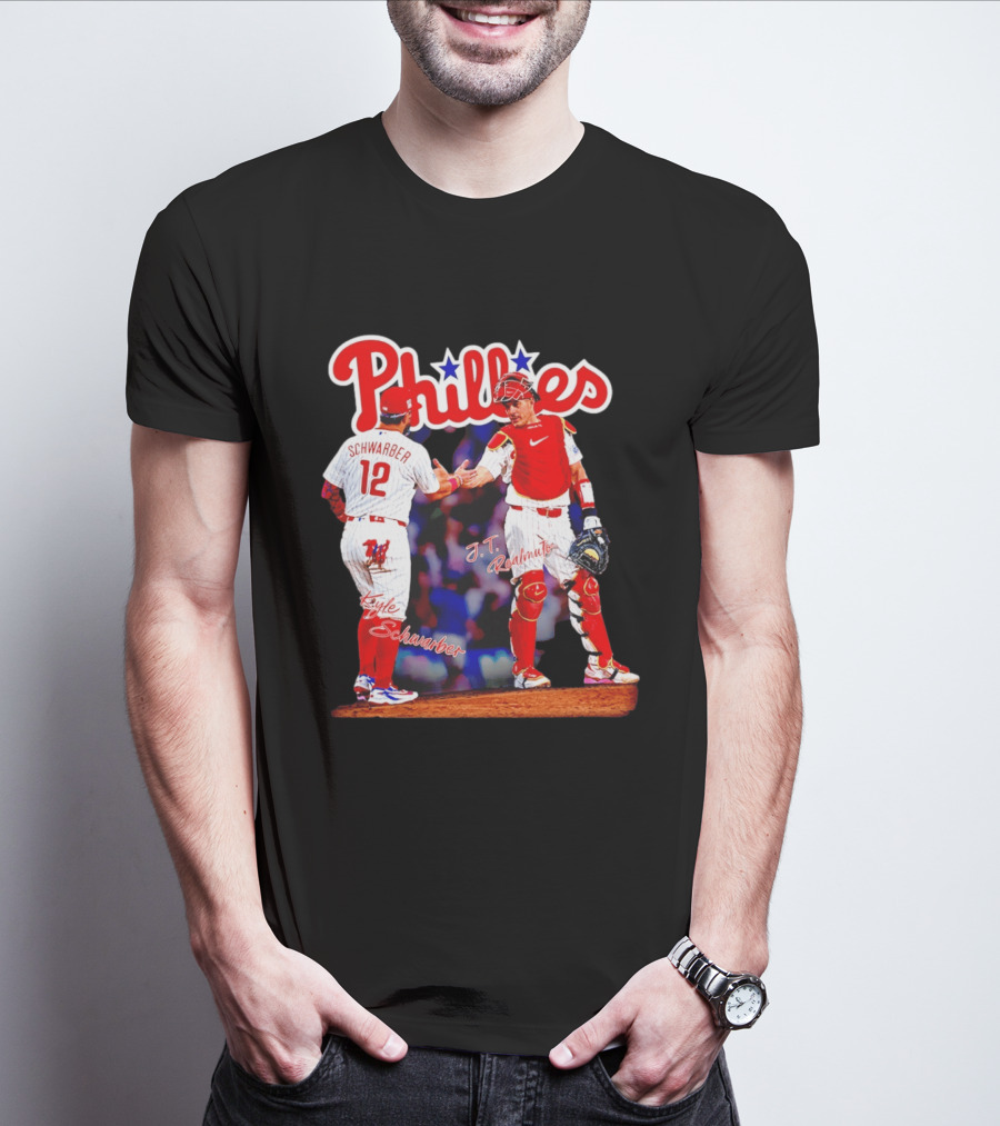 Philadelphia Phillies Kyle Schwarber J Realmuto 12 Catcher Handshake T-Shirt