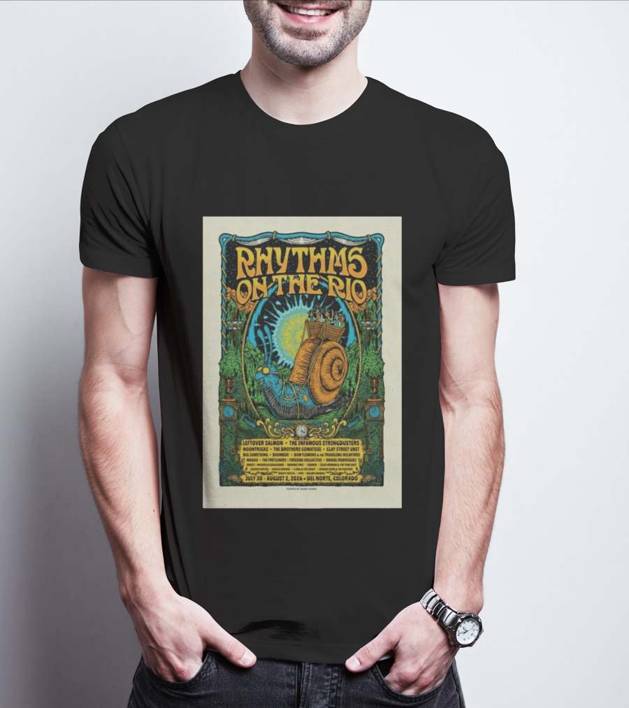Rhythms On The Rio July 30 August 2 2026 Del Norte Colorado Leftover Salmon The Infamous Stringdusters T-Shirt