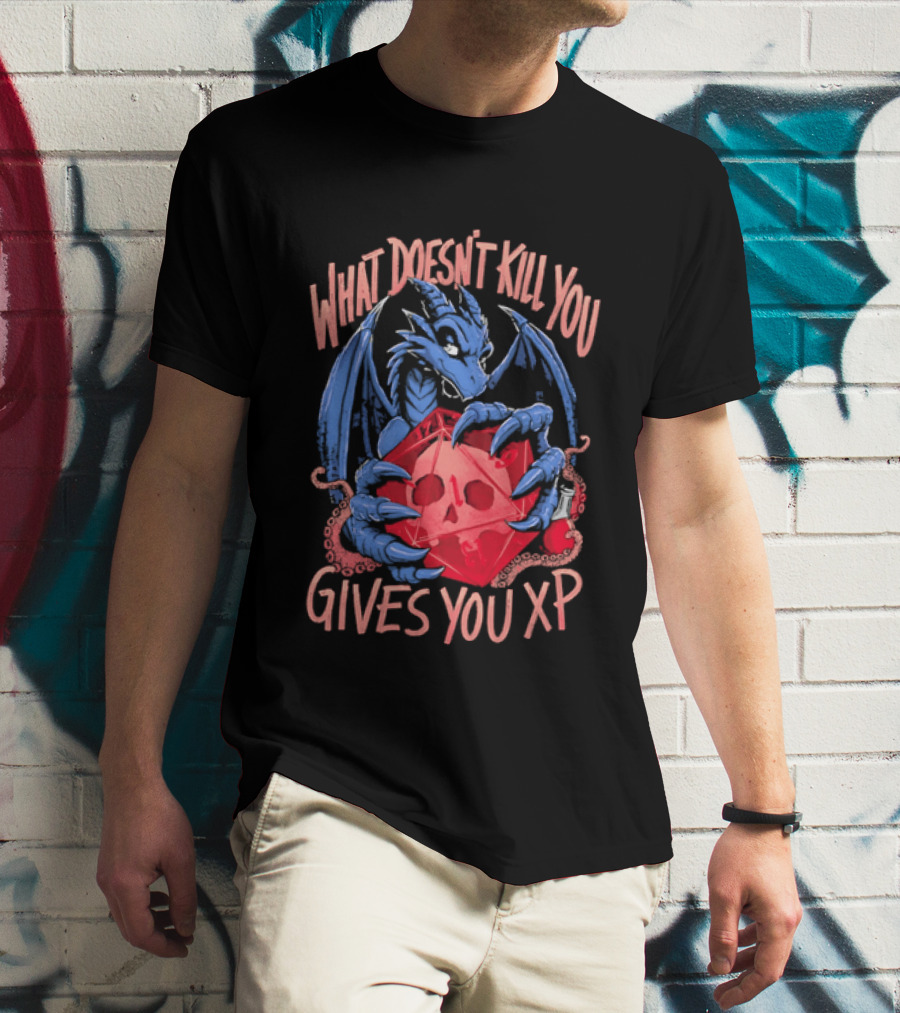 What Doesn't Kill You Gives You XP Blue Dragon Holding Red D20 Skull T-Shirt