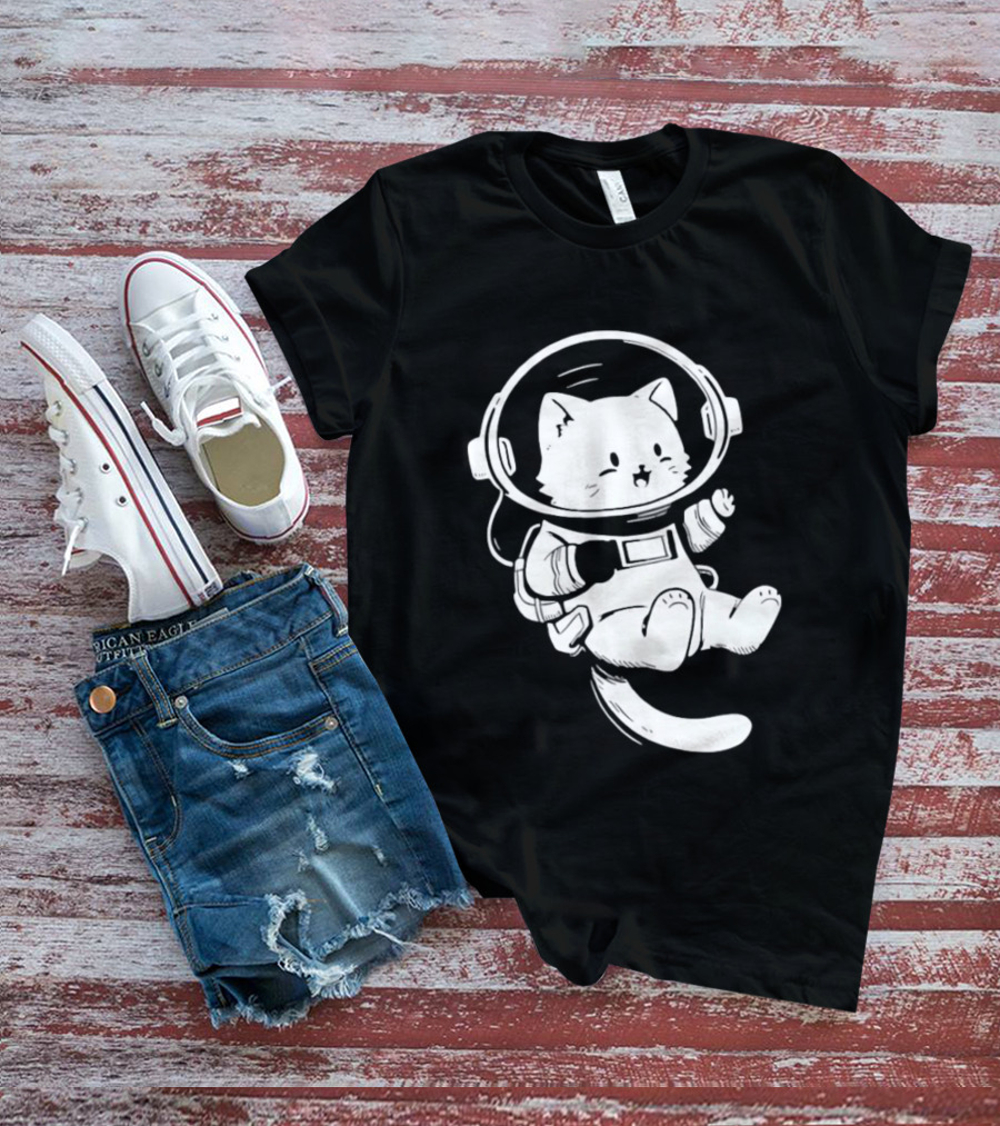 Astronaut Cat Floating In Space Suit Cosmic Adventure T-Shirt