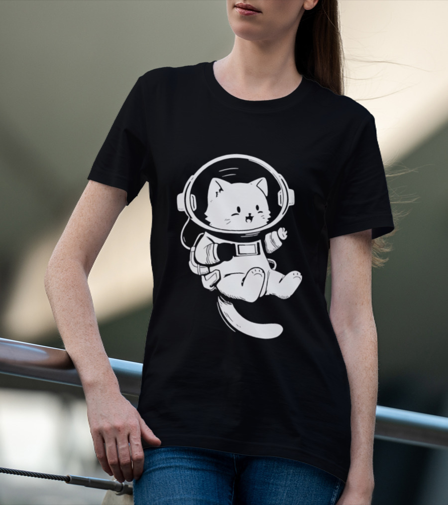 Astronaut Cat Floating In Space Suit Cosmic Adventure T-Shirt