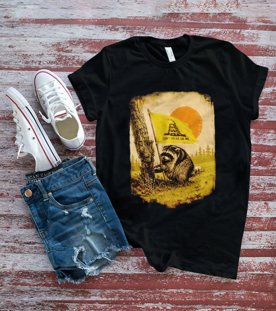 Don't Tread On Me Raccoon Holding Gadsden Flag Rustic Sun T-Shirt