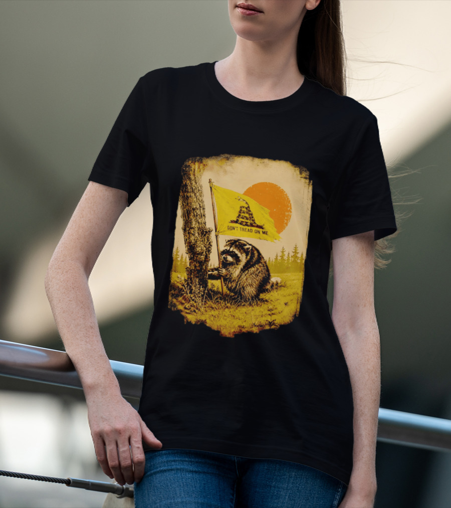 Don't Tread On Me Raccoon Holding Gadsden Flag Rustic Sun T-Shirt